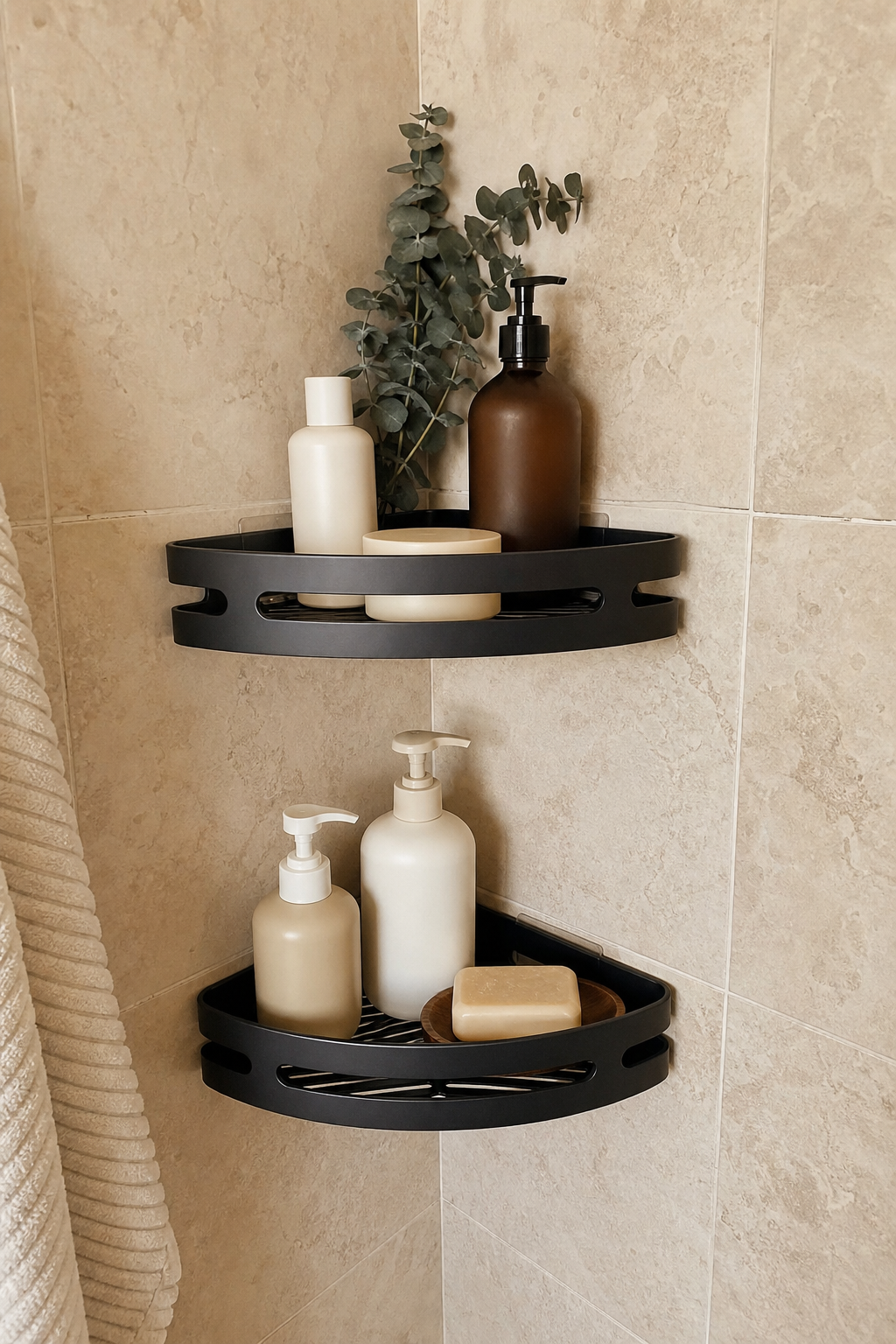 No-drill bathroom corner shelf styled in an organized cozy home
