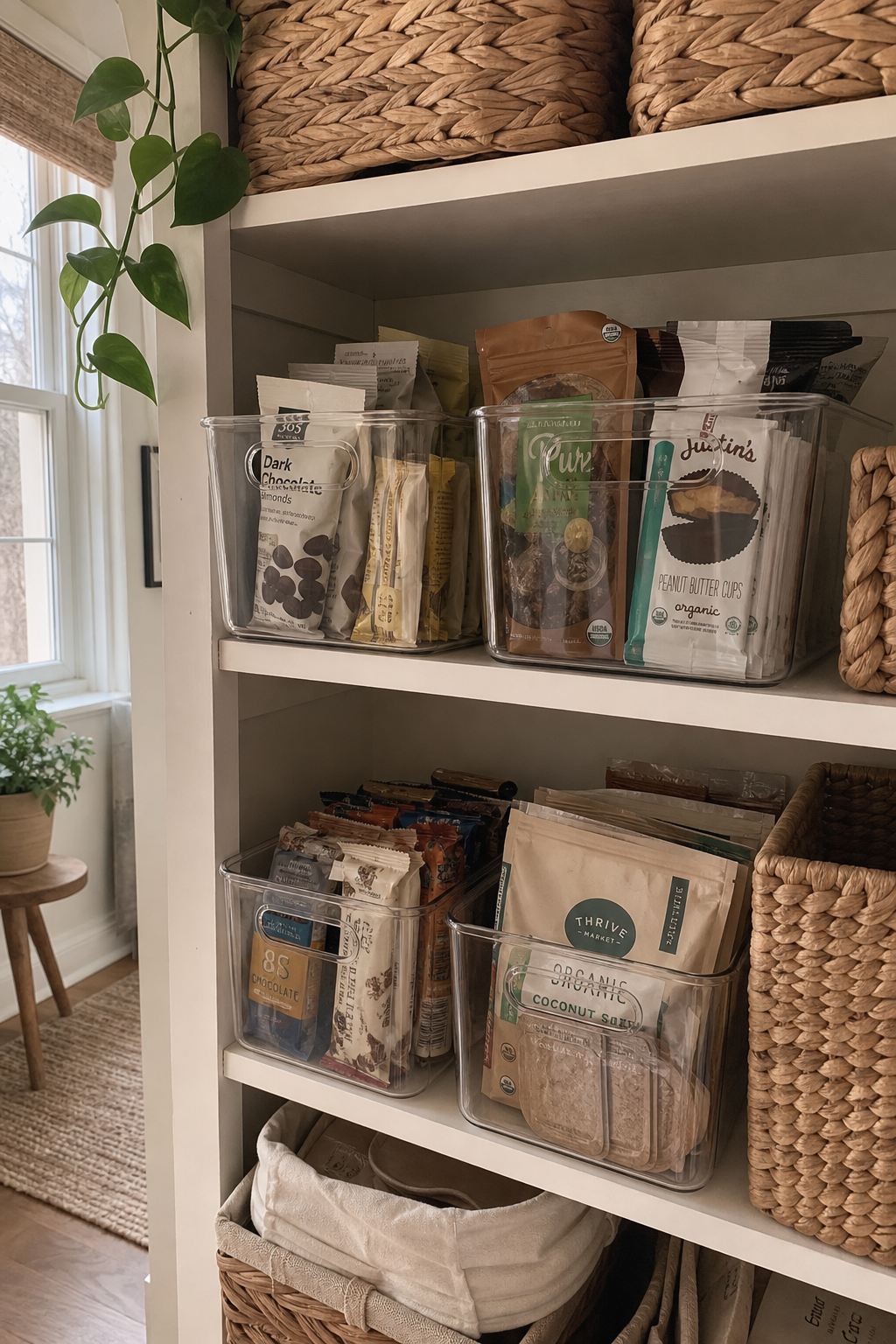 Clear pantry bins styled in an organized cozy home