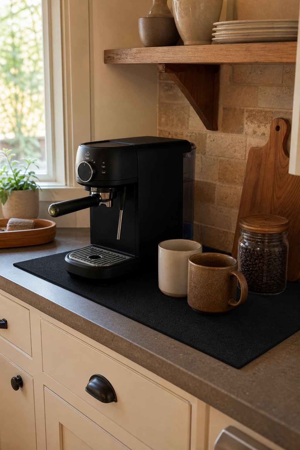Absorbent coffee bar mat styled in an organized cozy home