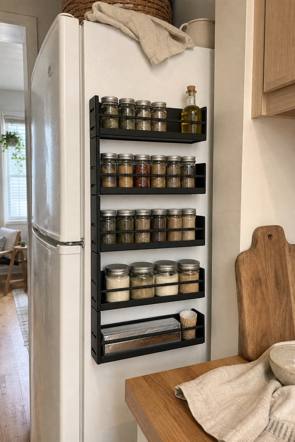 Magnetic fridge spice rack styled in an organized cozy home
