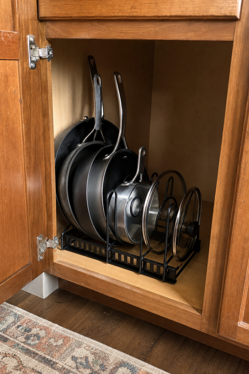 Adjustable pot & pan organizer styled in an organized cozy home
